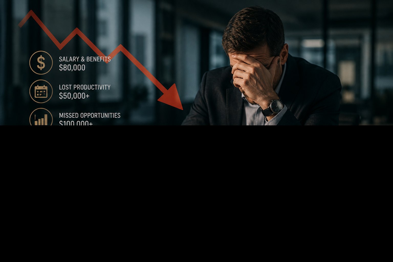 Business leader reviewing the financial and operational impact of a poor sales hire with declining performance metrics in a modern office setting.