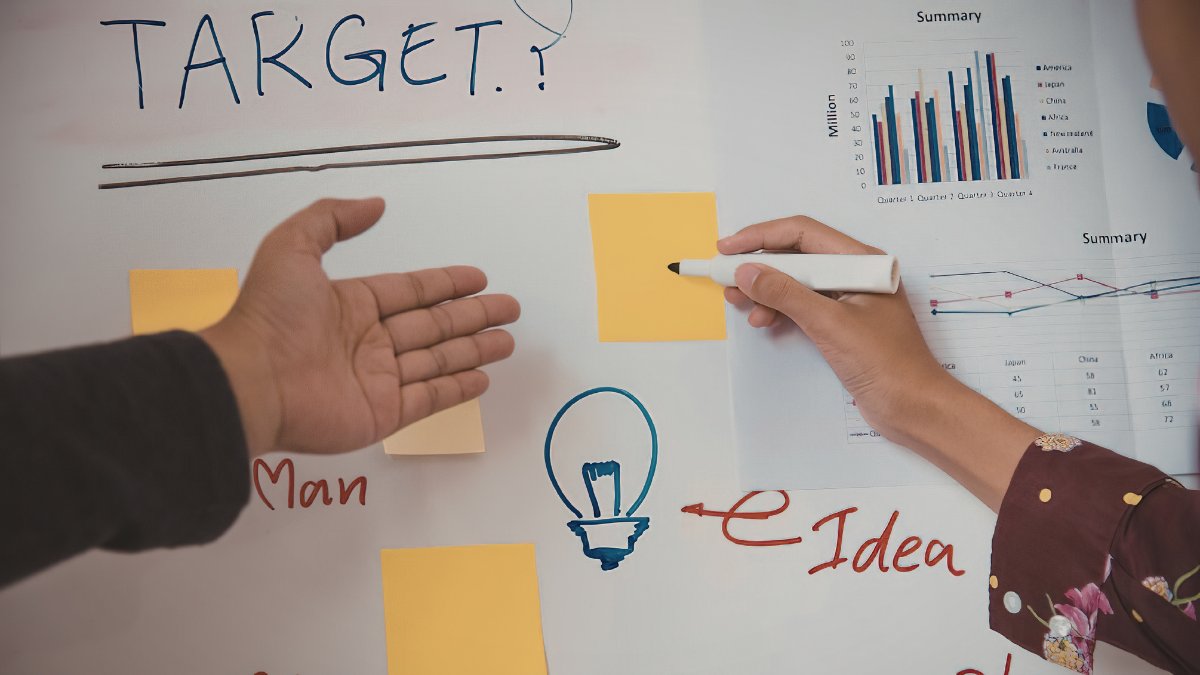 Hands placing sticky notes on a whiteboard labeled “Target” with charts and a lightbulb drawing.