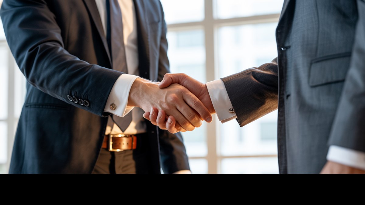 Two business professionals shaking hands.