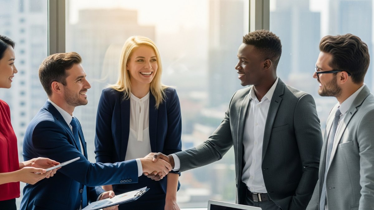 A group of business men and women standing in a circle and shaking eachothers hands 